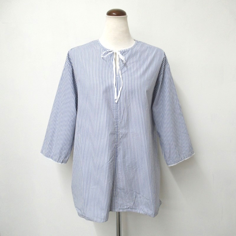 NOUVELLES DU PARADIS   ストライプシアーリボン付きブラウス /SAX70 【日本製】